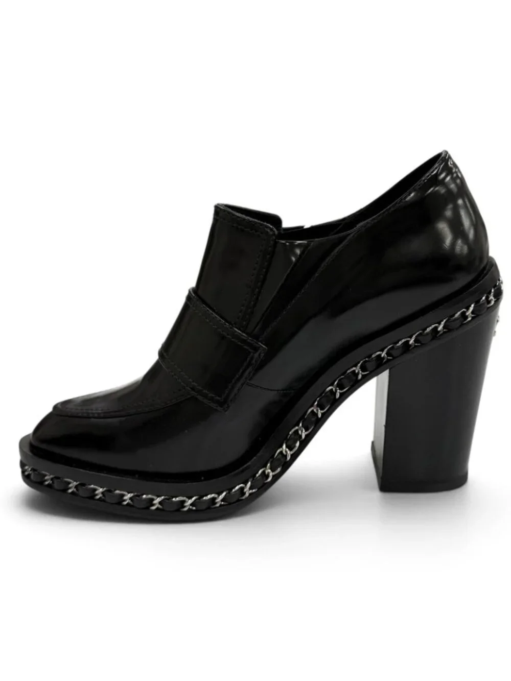 Chanel Leather Loafers Bootie with CC Logo Chain Black Silver 36.5 Boot